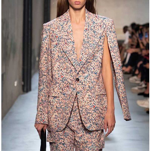 

6.11 2020 summer new high end women flower prints single button chic design split blazer coat for ladies fashion jacket coat, White;black