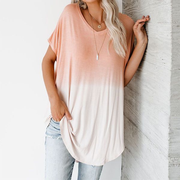 

designer women t shirt brand short sleeves v neck luxury new style gradient color short sleeve loose casual t-shirt women, White