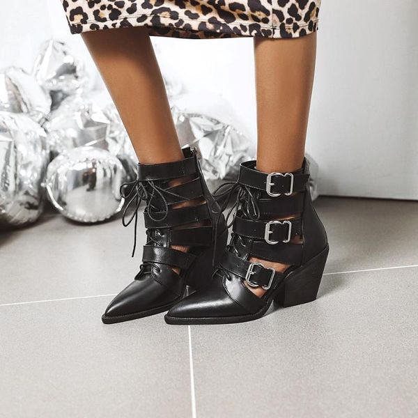 

pointed spring autumn women shoes high heel ankle boots female block mid heels casual botas mujer booties feminina size 43, Black