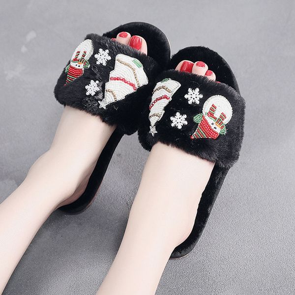 

autumn winter female fur slippers fashion cute christmas plush slides flat women's home non-slip cotton slippers, Black
