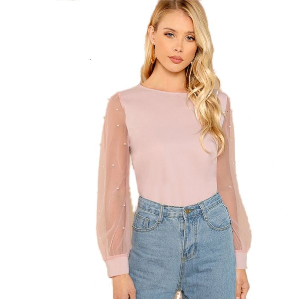 

ladies blouses for women pink modern lady elegant pearl beaded round neck mesh sleeve autumn solid weekend minimalist blouses, White