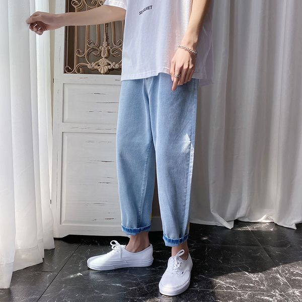 

прямые джинсы мужская мода омывается повседневные джинсы брюки мужчины streetwear wild hip-хоп дряблая джинсовые брюки мужские summer -2xl, Blue