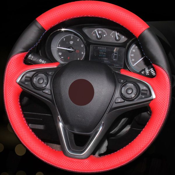 

diy hand-stitched black red genuine leather car steering wheel cover for buick envision 2014-2017