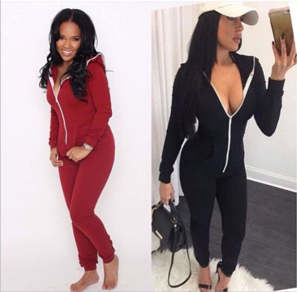 

fashion womens solid color jumpsuits 2020 new women roppers with hooded and zipper wommens casual full length jumpsuit clothes, Black;white
