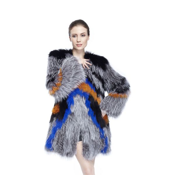 

zy89014 ladies autumn and winter fashion luxury women real fur with silver fur o-neck covered button coat long jackt, Black