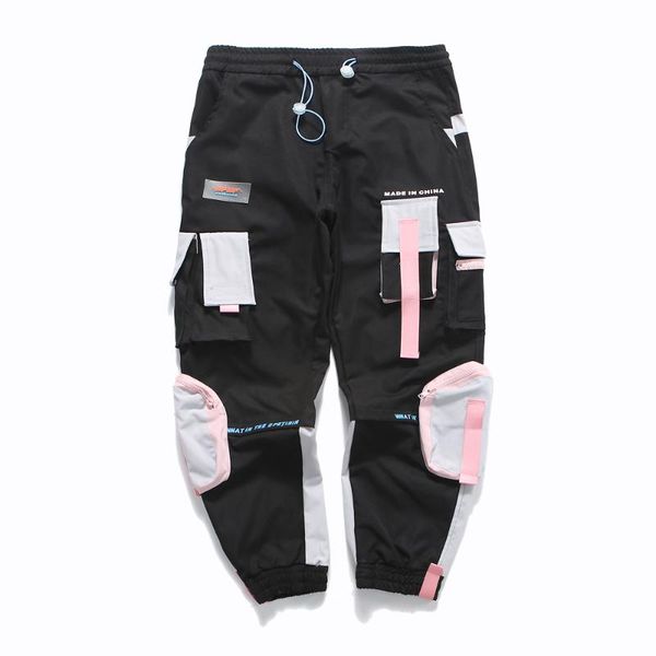 

hip hop streetwear men's camouflage joggers pants men ribbons cotton cargo pant trousers elastic waist harem pant men, Black