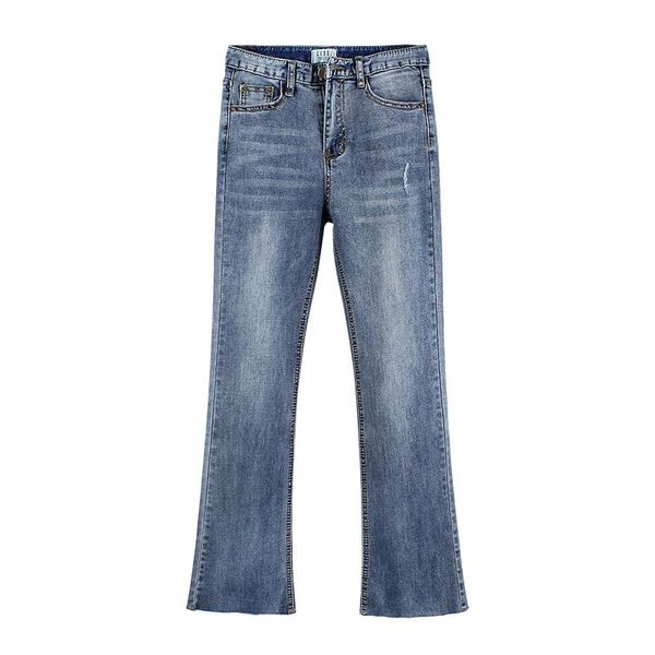 

pengpious мода высокая талия женские джинсы морщины мыть flare hem потертый подол джинсовые брюки, Blue