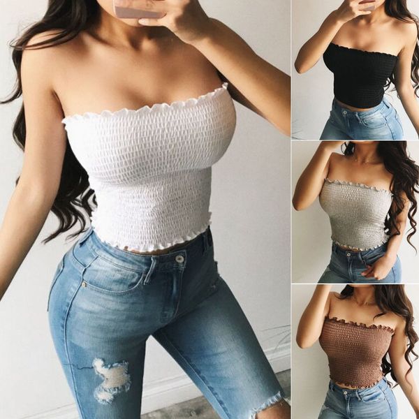 

women sheering boob summer fashion new design tube gather strapless bandeau ladies shirred stretch solid crop top, White