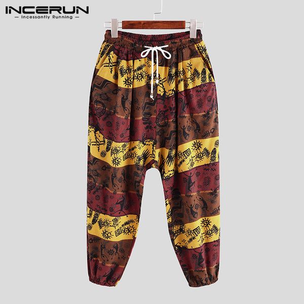 

incerun мужчины шаровары joggers сыпучие печати drop-промежность брюки карманы кулиской streetwear хлопок повседневная тайские штаны мужчины, Black