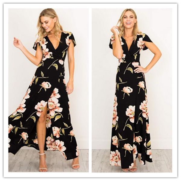 

la maxza щелевая цветочные печатных макси v шеи женщины dress vintage boho beach летние платья ужин vestidos de fiesta плюс размер, Black;gray