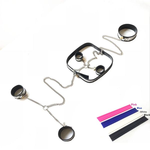 

for 4 pieces sets female wrist cuffs chain neck collar handcuffs steel stainless cuffs waistbelt adults bondage toy ankle male cdur