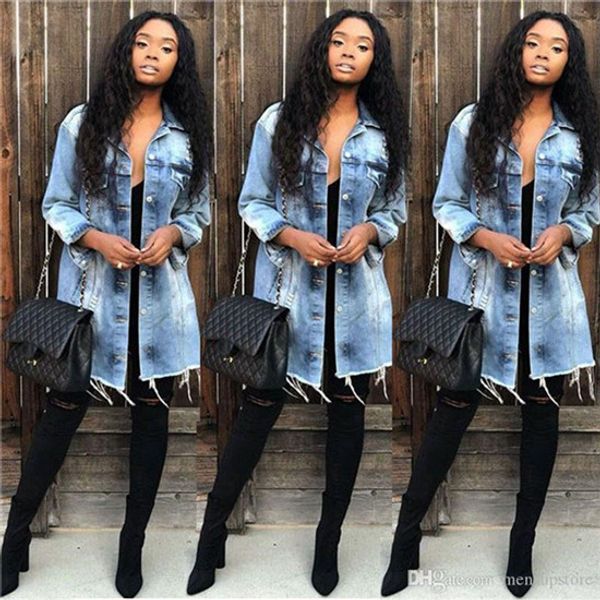 

women denim blue jacket long slim fit single breasted holes designer coats jackets, Black;brown