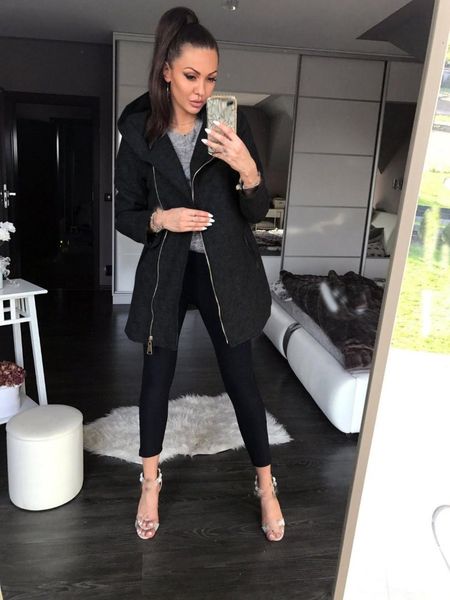 

2018 autumn women hooded long sleeve solid jacket solid outwear pocket zipper warm basic jacket, Black;brown