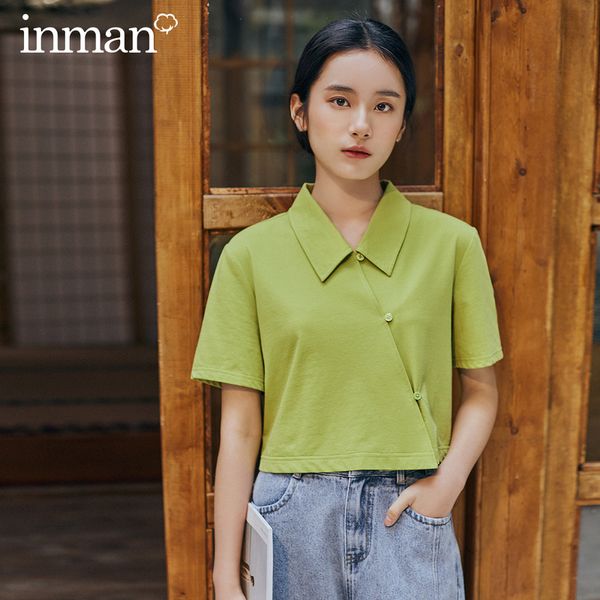 

инман 2028 весна нового прибытия литературного dimple серия личность отворот обтяжка pure color с коротким рукавом футболки, White