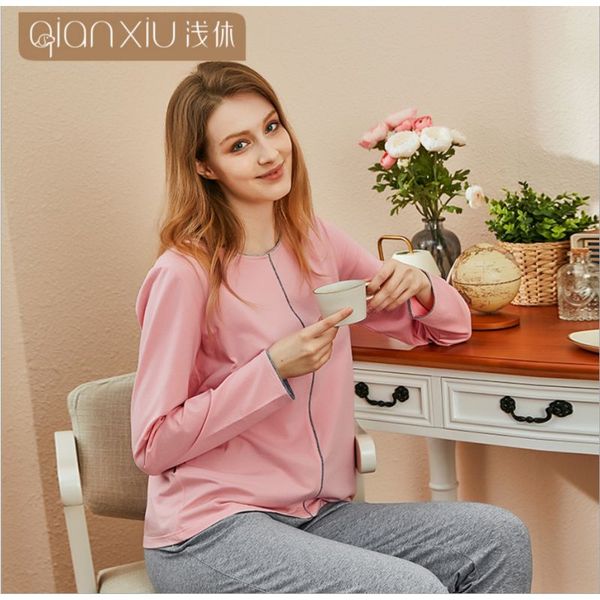 

2019 autumn plus size pijamas women casual striped pajama sets female cotton sleepwear suit ladies round collar t shirt + pants, Black;red