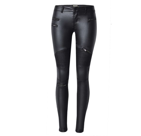 

casual pants new fashion imitation denim slim leggings for women black motorcycle streetwear pants folds solid zippers pu leather pants, Black;white