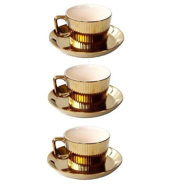 

3pcs gold plated porcelain coffee cup & saucer set home office luxury w