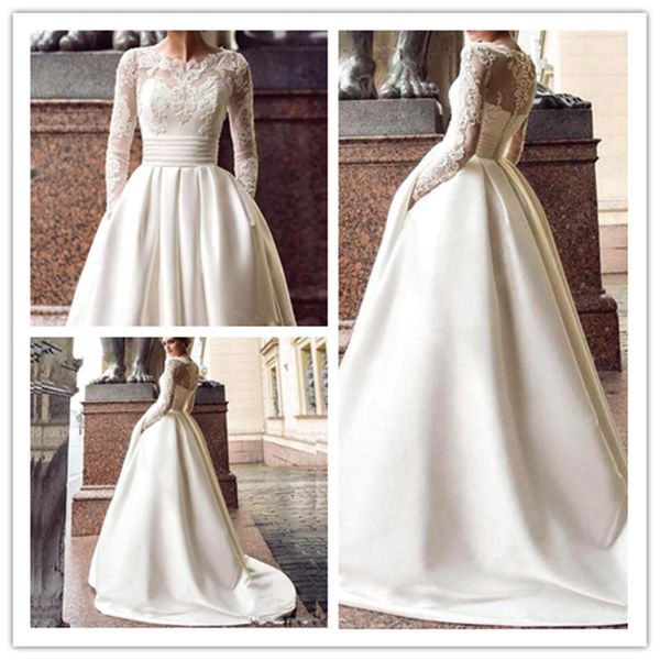 

luxury ivory satin lace appliqued bateau long sleeves wedding dresses custom made plus size bridal gown vestios de novia, White