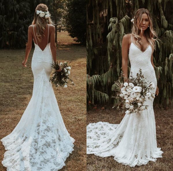 

2020 mermaid wedding dresses spaghetti lace rose appliqued robes de mariÃ©e sweep train custom made backless bohemian wedding dress, White