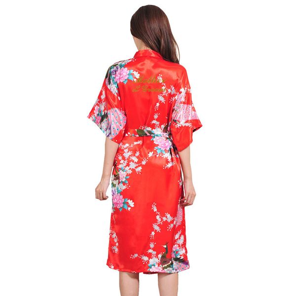 

mother of the groom bronzed long-style wedding robe with peacock printing bride gown mother and groom wedding team bathrobes, Black;red