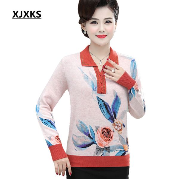 

xjxks fashion lapel diamond temperament printed sweater women pullover 2019 autumn winter new 100% wool women knitted sweater, White;black