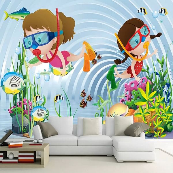 

new custom large mural 3d wallpaper cute cartoon swimming diving children's bedroom mural tv back wall decor deep 5d embossed