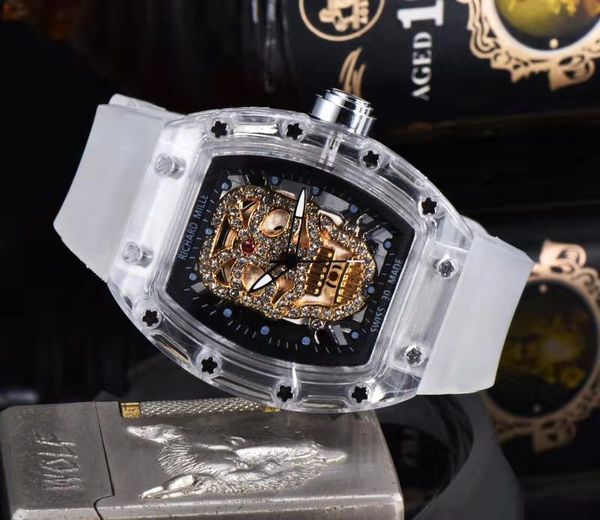 

2020 new transparent designer men's women watch hollow skull waterproof quartz watches color iced out diamond wristwatch relojes hombre, Slivery;brown