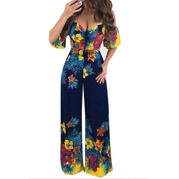 

rompers womens jumpsuit lace long pants women print off shoulder self tie new ruffle half sleeve elegant jumpsuit d300504, Black;white