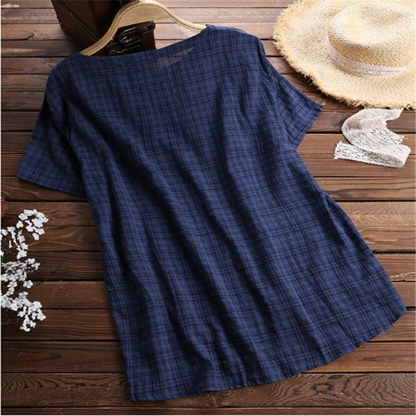 

women's dress loose round neck short sleeve comfortable plaid irregular button dress, White