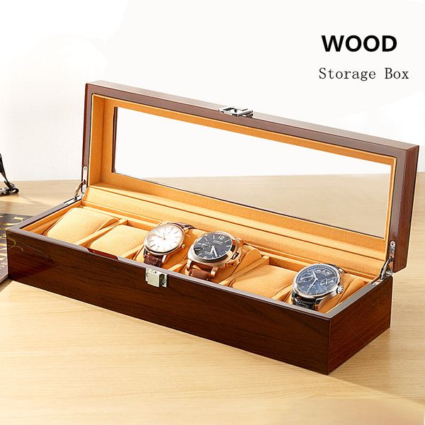 

6 слотов деревянные часы показать коробки с окошком мужские механические часы вуд организатор черный женщин ювелирных изделий подарка случаи, Black;blue