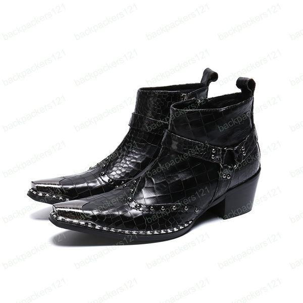 Moda homens botas apontou ponta de metal preto botas de couro genuíno botas de tornozelo botas 6.5cm saltos altos