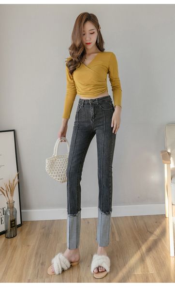 

charcoal high waist jeans female loose straight show thin many pockets, Blue