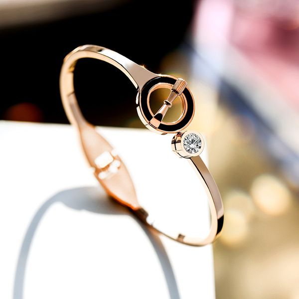 

luxury female new bracelet temperament titanium steel cuff bangle fashion jewelry rose gold bracelets concise wristlet jewel women, Black
