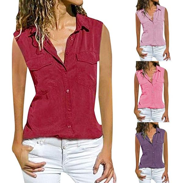 

2020 vintage blouses women summer button solid boho pocket loose casual chiffon big large pluse size vest tank shirts, White