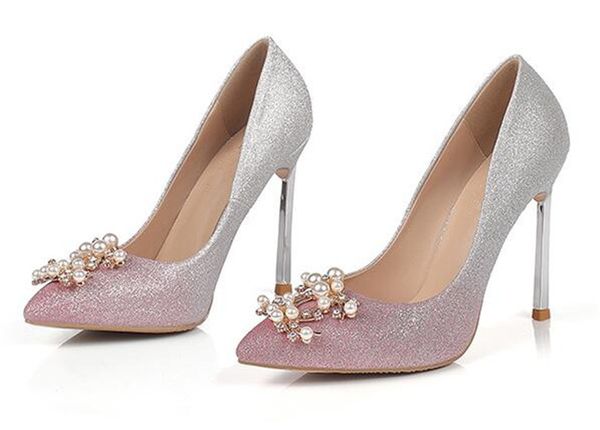 

bling glitter women pumps slip on elegant glitter toe pearl flower thin high heels fashion wedding shoes pointed toe bridal pumps, Black