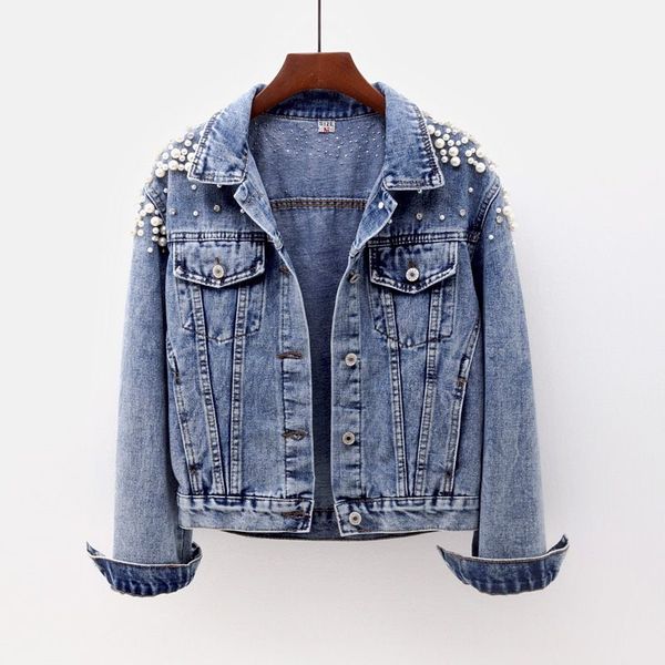 

denim jacket 2019 spring autumn fashion pearl turn down collar denim jacket women three quarter sleeve slim jeans j284, Black;brown