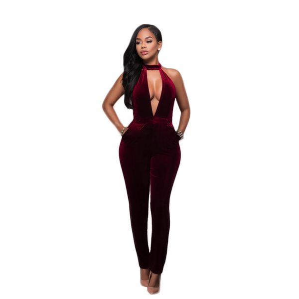

womens designer backless deep v solid color zipper slim jumpsuito6ow, Black;gray