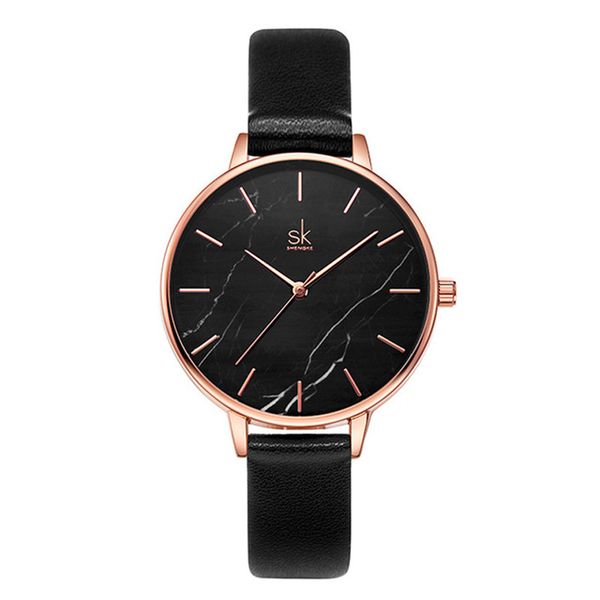 

shengke ladies quartz wristwatch leather watchband marble dial marble dial pin buckle gold bezel minimalist 001 leather strap, Slivery;brown
