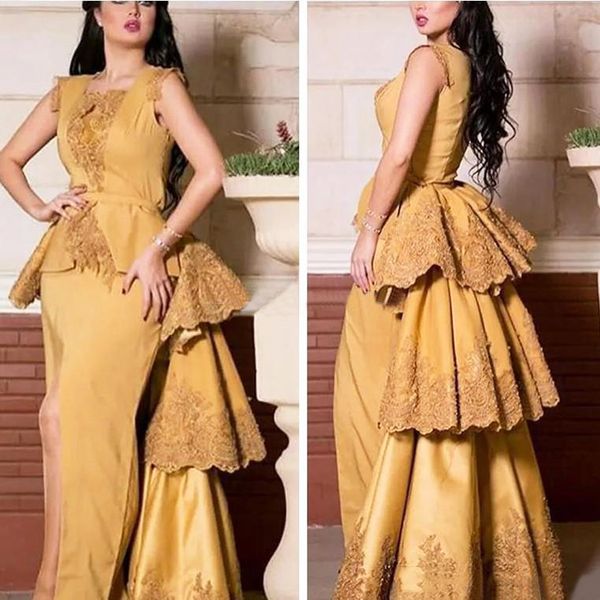 

fashion golden dubai middle east vintage sleeveless evening prom dress leg split back tiered appliques custom made party event maxi gown, Black