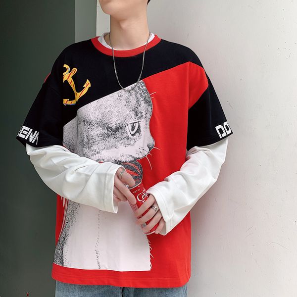 

korean men pullover sweatshirt fake two patchwork print loose mens red hip hop hoodies men oversize japanese hoodie 5xl, Black