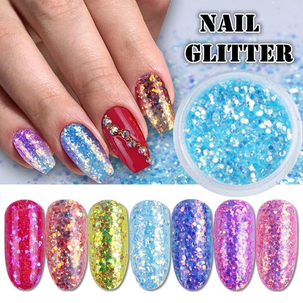 

nail mermaid chrome pigment glitter flakes sparkly 3d hexagon colorful sequins spangles polish manicure nails art decorations, Silver;gold