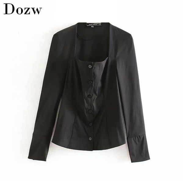 

square collar poplin solid women blouse elegant long sleeve ladies blouse shirts casual buttons female tunic blusas chic, White