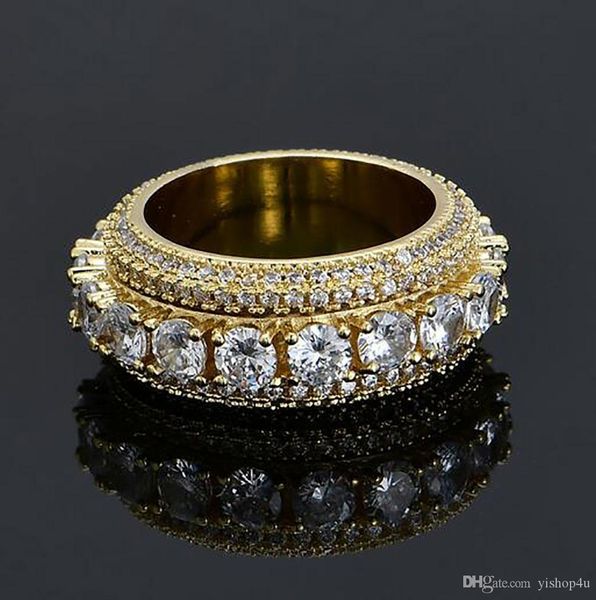 

mens iced out 1 row cz ring 360 eternity rings micro pave cubic zirconia 14k gold plating simulated diamonds ring, Golden;silver