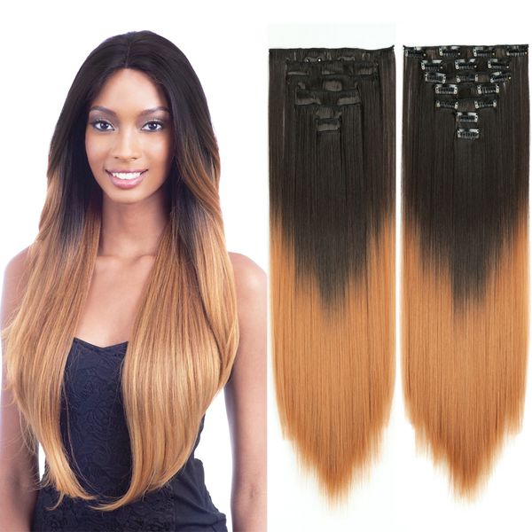 2019 Clip In Hair Extensions Ombre Brown To Blonde Long Silk