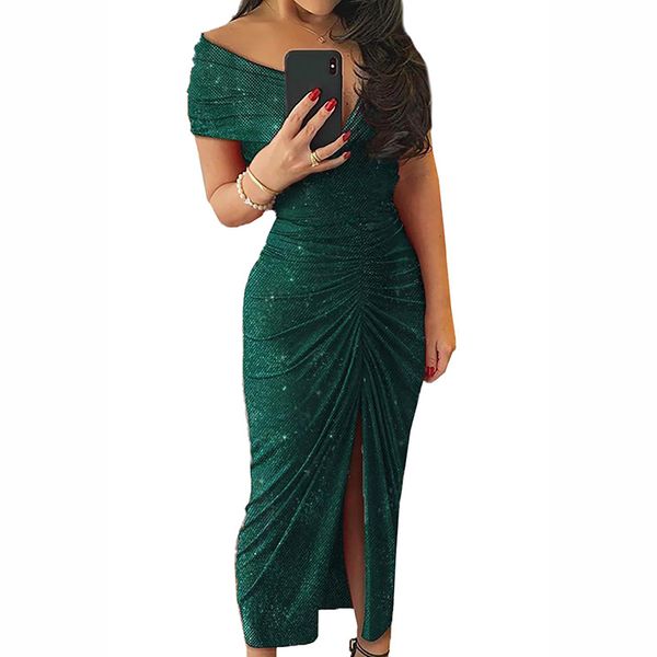 

платья мода зеленый черного блеск с плечом ruched щелевого платья партии высокой щелевой bodycon с коротким рукавом макси длинные вечерние п, White;black
