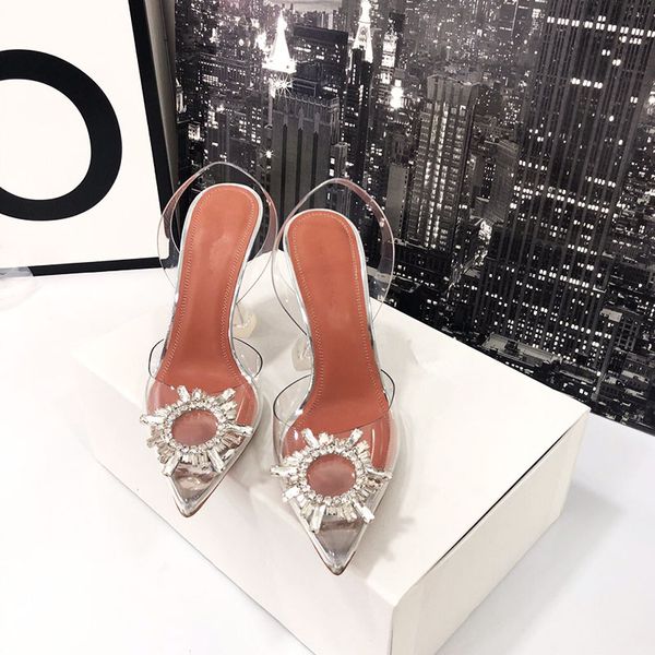 

2019 designer transparent crystal high-heeled shoes leather women pump women high heels, pointed toe golden triangle with wedding, Black