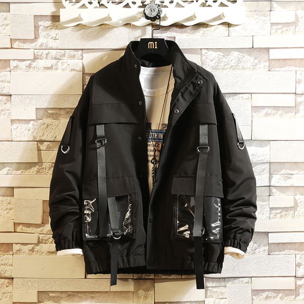 

bomber jacket men new autumn streetwear fashion coat ribbons retro ins pocket mens casual jackets large size 5xl, Black;brown