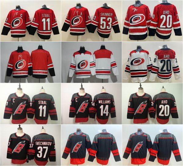 

37 andrei svechnikov carolina hurricanes 20 sebastian aho hockey jerseys 14 justin williams 53 jeff skinner 11 staal home red stitched, Black;red