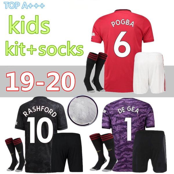 

pogba lingard kids kit +socks 19 20 away manchester soccer united jerseys utd 2019 2020 rashford football martial fred shirt goalkeeper, Black