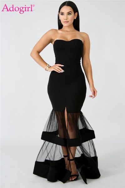 

adogirl strapless mermaid wedding evening party dresses sheer mesh patchwork high slit bodycon maxi formal dress for women, Black;gray